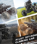 One Twelve Scale RC Off Road Monster Truck With Metal Shell And LED Headlights 4x4 All Terrain Remote Control Car shown on different terrains