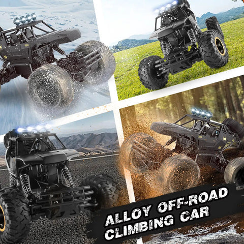 One Twelve Scale RC Off Road Monster Truck With Metal Shell And LED Headlights 4x4 All Terrain Remote Control Car shown on different terrains