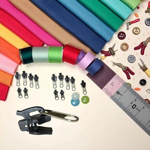 Six Pack Black Zip Sliders Replacement Kit For Jackets, Bags, Pants And More, Easy Zip Repair Set with colored fabrics and tools
