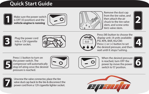 Quick start guide for 12V Portable Air Compressor Pump With Digital Tire Inflator, showing step-by-step instructions for use.