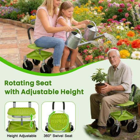 Woman and child using Swivel Garden Stool With 360 Degree Wheels And Height Adjustable Seat From 12.6 To 16.1 Inches Rolling Cart With Back Tool Pouch And Under Seat Tray Perfect Gift For Women Parents And Seniors Who Love Yard Work in garden