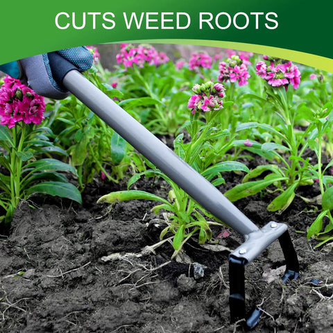 Stirrup Hoe Garden Tool With Hollow Trapezoid Head And 14 Inch Scuffle Loop Weeder, Ergonomic Rubber Handle cutting weeds in soil