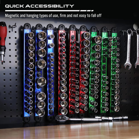 Socket Holder Organizer Set With Magnetic Trays For 1/4, 3/8, 1/2 Inch Sockets, 9-Piece Detachable Trays in tool box display