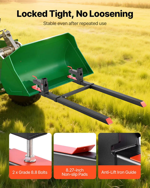 Beefy Clamp On Pallet Forks 60 Inch Long 2000 Lb Capacity attached to green tractor loader bucket with stabilizer bar on grass