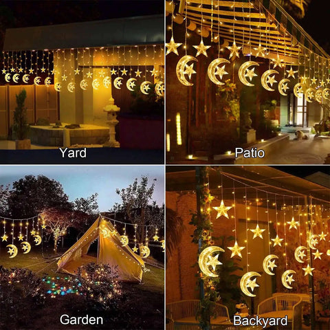 Solar String Lights Outdoor for Ramadan Eid Decor, 138 LED Star Moon Curtain Lights displayed in yard, patio, garden, and backyard