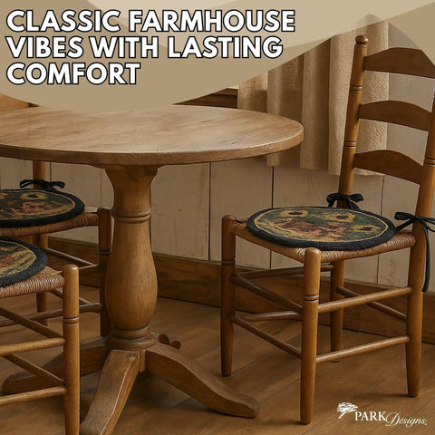 Round Chair Pad Featuring House And Sunflowers Folk Art Design, 14.5 inch cushion on rustic dining chair, durable and machine washable.