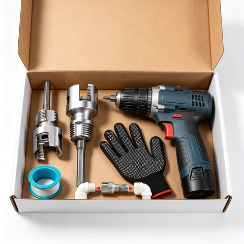 Heavy Duty 4 In 1 Pvc Pipe Threader For 1/2 3/4 And 1 Inch Plastic Tubing Fits Any Standard Power Drill set with drill and accessories.