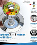Three In One Kitchen Sink Drain Strainer Stopper Basket With Odor Filter And Anti Clog Tech for US Standard Three And A Half Inch Drain Stainless Steel Silver 1 Pack No Fuss No Mess
