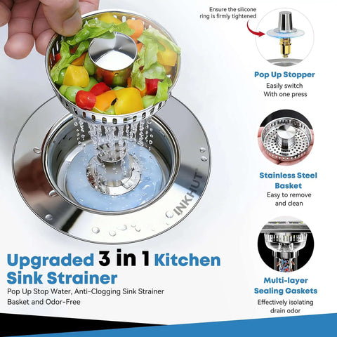 Three In One Kitchen Sink Drain Strainer Stopper Basket With Odor Filter And Anti Clog Tech for US Standard Three And A Half Inch Drain Stainless Steel Silver 1 Pack No Fuss No Mess