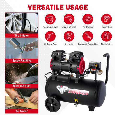 Jingren 8 Gallon Oil Free Air Compressor With Hose, 2HP Motor 120 Psi Max Pressure 68 Db Quiet Operation Ideal For Spray Painting And Home Workshop Projects