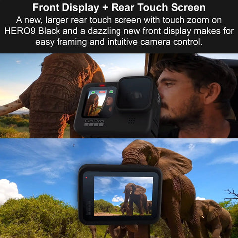 Waterproof Action Camera With Front LCD And Rear Touch Screens capturing wildlife close-up with elephant, 5K Ultra HD Video.