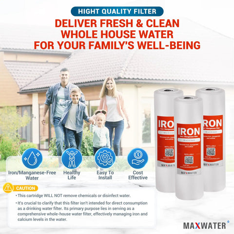 Whole House Iron And Manganese Replacement Filter Set next to happy family and house, pack of 3 cartridges shown