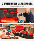 Wall Mounted 30 Bin Parts Organizer Rack With Panels, Tool Holders And Hooks, shown in hanging and stackable modes