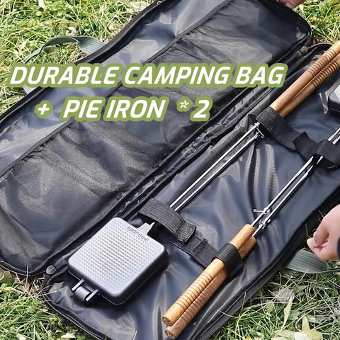Large Cast Iron Campfire Pie Iron Set For Outdoor Cooking 4.9 Inch Pies with thick handles in storage bag on grass
