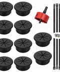 Slick Two Inch Desk Cable Grommets With Rapid Hole Saw And Fifteen Nylon Strap Ties For No Brainer Wire Routing And Tight Cord Setup On Your Modern Office Or Home Desktop Pack Of Ten, featuring 10 black ABS grommets.
