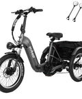 Fat Tire Folding Three Wheel Electric Trike Ebike With 1200W Peak Brushless Motor And Removable 748Wh Battery For Adults Up To 70 Miles Step Through Design front view with rear cargo rack and mirrors