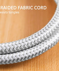 Close-up of braided fabric cord from 5 Pack 3 Outlet Power Strip With Surge Protection Grounded Flat Plug 6 Inch Designer Braided Cord White Gray Chevron UL Listed Keeps All Your Gadgets Juiced Up And Looking Clean In Any Room.