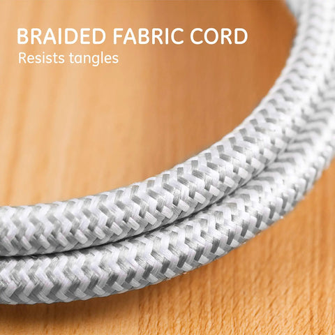 Close-up of braided fabric cord from 5 Pack 3 Outlet Power Strip With Surge Protection Grounded Flat Plug 6 Inch Designer Braided Cord White Gray Chevron UL Listed Keeps All Your Gadgets Juiced Up And Looking Clean In Any Room.
