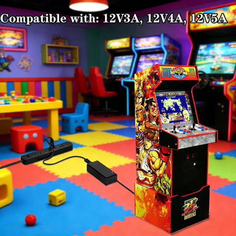 12V Power Supply Charger for Arcade Game Machines plugged into arcade cabinet in colorful game room