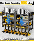 Heavy Duty Power Tool Organizer Wall Mount For Garage With 8 Cordless Drill Holders, 4 Tier Metal Shelf, 7 Hooks