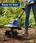 Person using Cordless 20V Garden Tiller Cultivator with 8.7 Inch Working Width and 300 RPM for fast soil cultivation