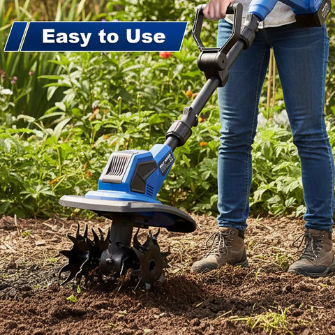 Person using Cordless 20V Garden Tiller Cultivator with 8.7 Inch Working Width and 300 RPM for fast soil cultivation