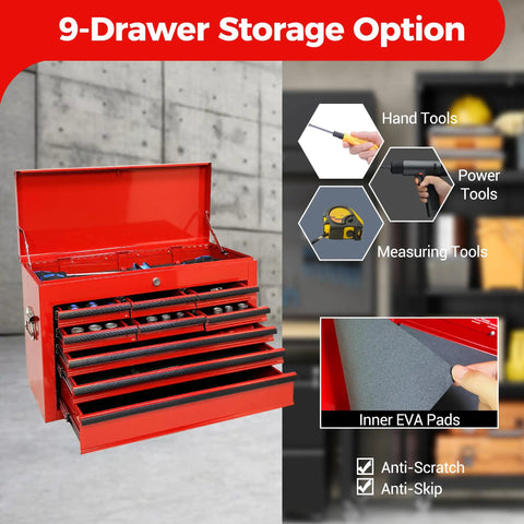 24 Inch Portable Metal Tool Box With Nine Ball Bearing Drawers And Slick Eva Linings For Sorted Gear Stash, open with organized tools.
