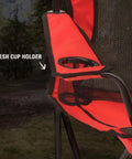 Close-up of red Broadband Mesh Quad Camping Chair with mesh cup holder, cooling mesh back, adjustable arm