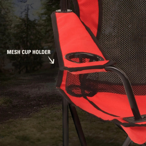 Close-up of red Broadband Mesh Quad Camping Chair with mesh cup holder, cooling mesh back, adjustable arm