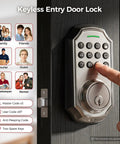 No More Fumbling Keyless Entry Door Lock For Front Door With Keypad and One Hundred Stored Codes Rock Solid Electronic Deadbolt Auto Lock Easy Install Satin Nickel Finish showing keypad access.