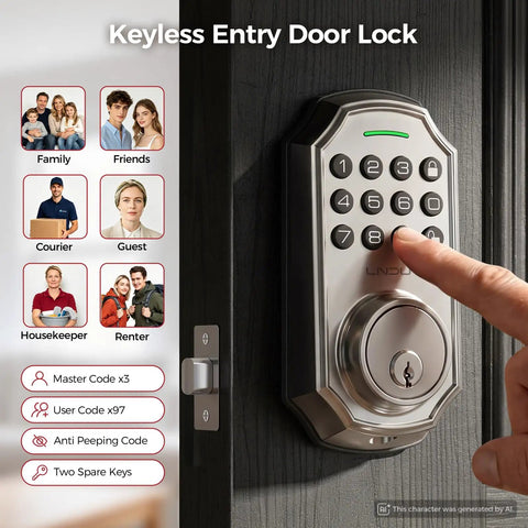 No More Fumbling Keyless Entry Door Lock For Front Door With Keypad and One Hundred Stored Codes Rock Solid Electronic Deadbolt Auto Lock Easy Install Satin Nickel Finish showing keypad access.