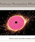 Four Piece Heavy Duty Chainsaw Grinding Wheel Fits Bench Mounted Sharpeners For 3 8 Pitch Chains five seven five inch diameter pink abrasive wheel emitting sparks.