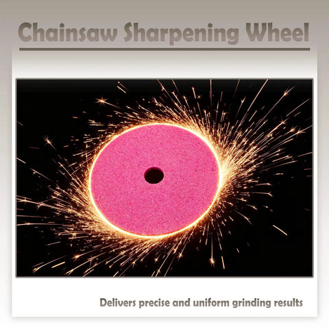 Four Piece Heavy Duty Chainsaw Grinding Wheel Fits Bench Mounted Sharpeners For 3 8 Pitch Chains five seven five inch diameter pink abrasive wheel emitting sparks.