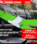 Top Shelf Heavy Duty Cam Buckle Tie Down Straps 1x12 Feet 12 Pack with Bulletproof Grip on cargo, showing metal buckle and tie down features.