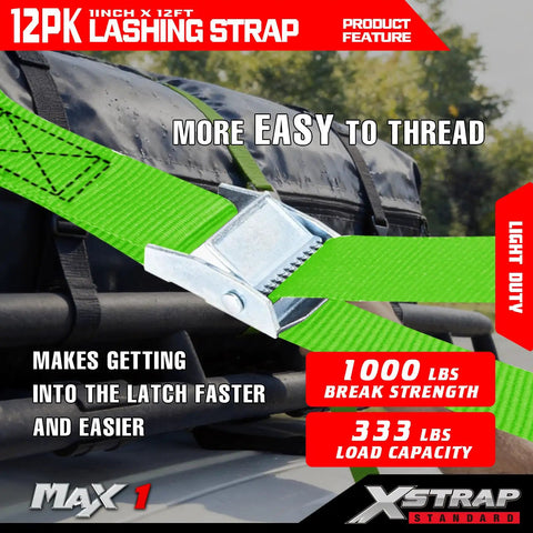 Top Shelf Heavy Duty Cam Buckle Tie Down Straps 1x12 Feet 12 Pack with Bulletproof Grip on cargo, showing metal buckle and tie down features.