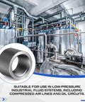 4 Pack One Half Inch Pipe Couplings Straight Female Threaded Steel NPSL Tapped Fittings With Black Coating For Industrial Piping Projects And Maintenance Pro Grade Replacement Parts And Fabrication, close-up in low-pressure fluid system