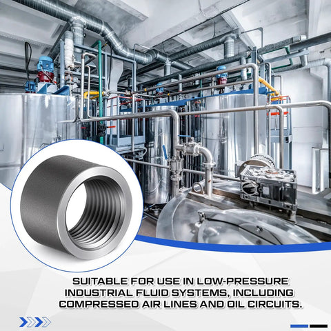 4 Pack One Half Inch Pipe Couplings Straight Female Threaded Steel NPSL Tapped Fittings With Black Coating For Industrial Piping Projects And Maintenance Pro Grade Replacement Parts And Fabrication, close-up in low-pressure fluid system