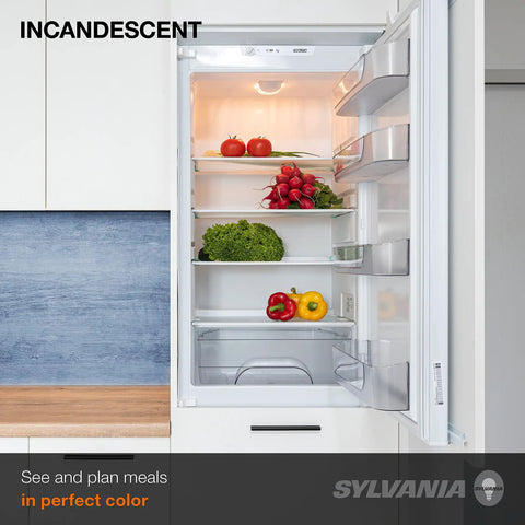 Open fridge showing fresh vegetables illuminated by incandescent light.