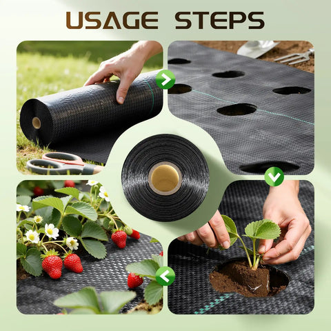 Heavy Duty Weed Barrier Fabric 4 Ft By 300 Ft Ground Cover being unrolled, cut, and used in a garden for planting and weed control