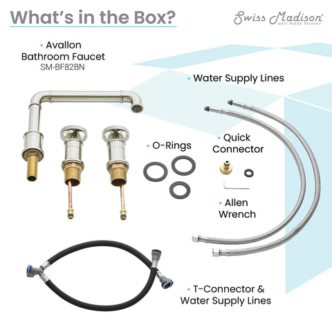 Components of Avallon 8-Inch Widespread Bathroom Faucet with brushed nickel finish and three-hole mount for easy install.