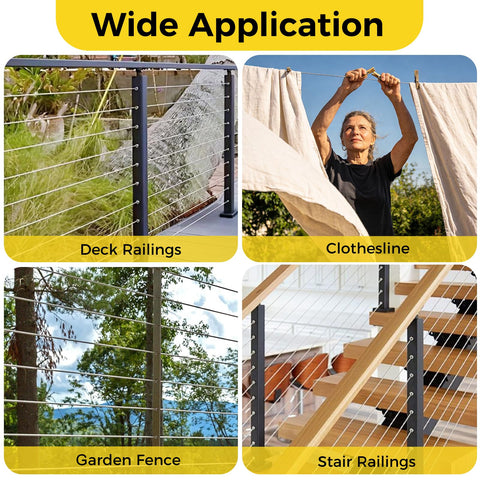 1/8 Inch Stainless Steel Wire Rope Kit 120 Ft With Turnbuckles Thimbles Sleeves Crimping Loops in use for deck railings, clothesline, garden fence, and stair railings