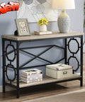 Top Shelf Modern Industrial Console Table 43 Inch For Entryway And Hallway Thick Wood Heavy Duty Steel Frame with decor and storage.