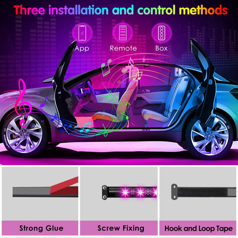 Interior Car Lights With App Control And Remote, RGB Under Dash LEDs With Music Sync, open car doors showing lighting effects