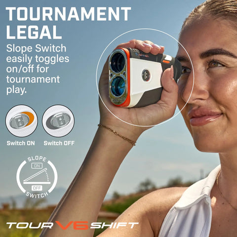 Woman using Game Ready Tour V6 Shift Rangefinder With Slope Compensation showcasing slope switch, in sunlight.