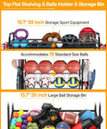 All-In-One Garage Sports Organizer with rolling wheels displaying balls, helmets, bats in 4 tier gear rack and ball storage bin.