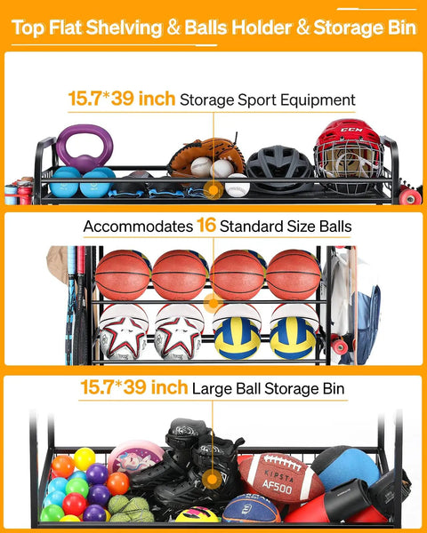 All-In-One Garage Sports Organizer with rolling wheels displaying balls, helmets, bats in 4 tier gear rack and ball storage bin.