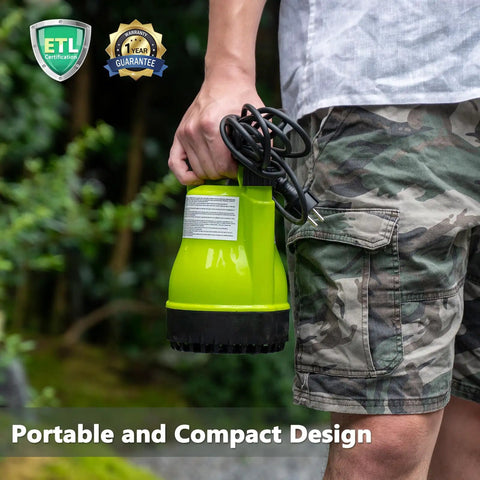 Person holding Workhorse Portable Submersible Utility Pump One Quarter HP 1900 GPH With Sixteen Point Four Foot Cord Manual Control