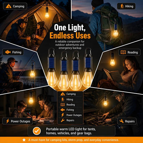 4 Pack Solar Camping Lanterns Portable LED USB Rechargeable Emergency Lights used for camping, fishing, reading, and repairs.