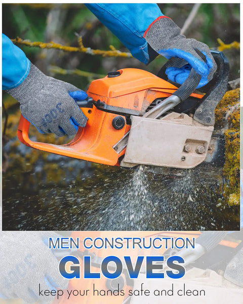 36 Pairs Rubber Work Gloves With Latex Double Coating For Tough Grip Bulk Safety Gear For Construction Gardening And Landscaping Projects Men Durable And Comfortable, showing hands holding a chainsaw.