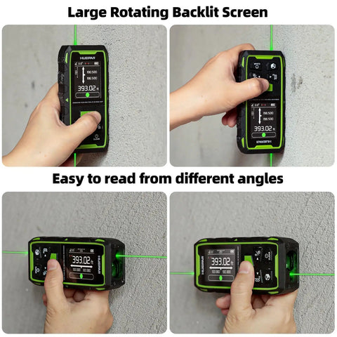 Dual Laser Measuring Tool With 656 Ft Green Beam Bilateral Digital Distance Meter For Length Area Volume And Angle Rechargeable Laser Measurement Tool With Backlit LCD Display And 6 Units In Ft In M, rotating display